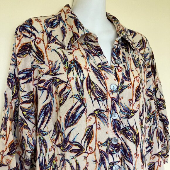 Blue Sky Linen Bamboo Button Up Women's Shirt Short Sleeve Blouse Floral - Picture 2 of 8